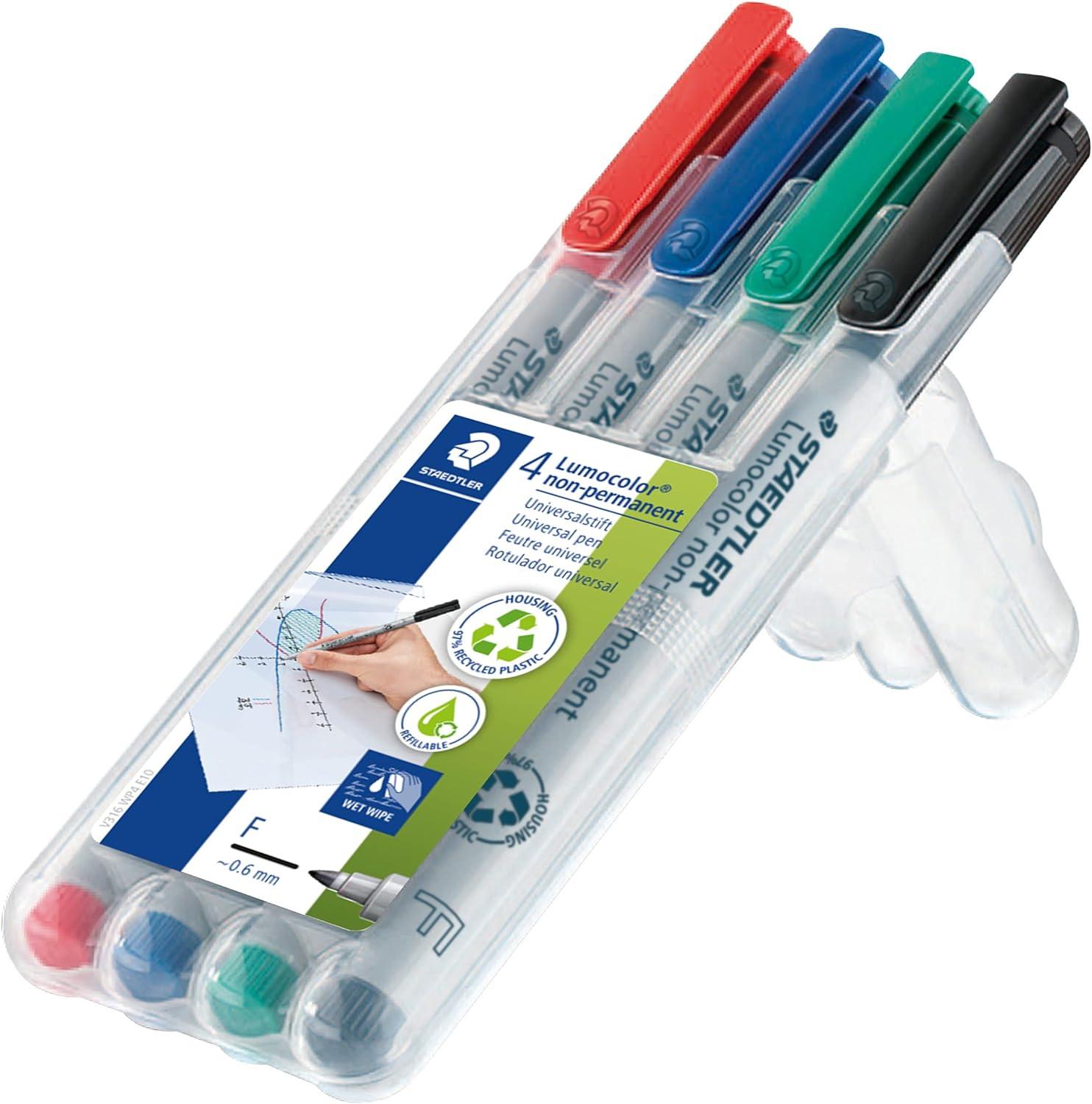 imageStaedtler Lumograph NonPermanent Wet Erase Marker Pens Medium Tip Refillable Colored Markers 4 Pack 315 WP4Assorted