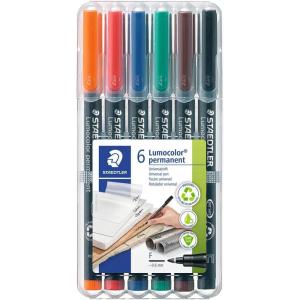imageSTAEDTLER Lumocolor Universal Pen Fine Felt Tip Permanent Marker Box of 6 Assorted Color Pens 06mm 318 WP6