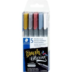 imageSTAEDTLER Metallic Brush Pens 5 Colors 16 mm Brush Tip Writes on Light and Dark Paper