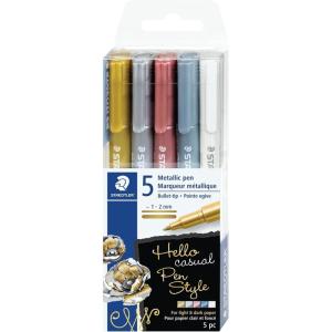 imageSTAEDTLER Metallic Pens 5 Colors 12 mm Bullet Tip Writes on Light and Dark Paper