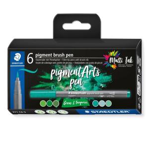 imageSTAEDTLER Pigment Arts Brush Pen Brush Green ampamp Turquise Pack of 6 Pens 371 C63