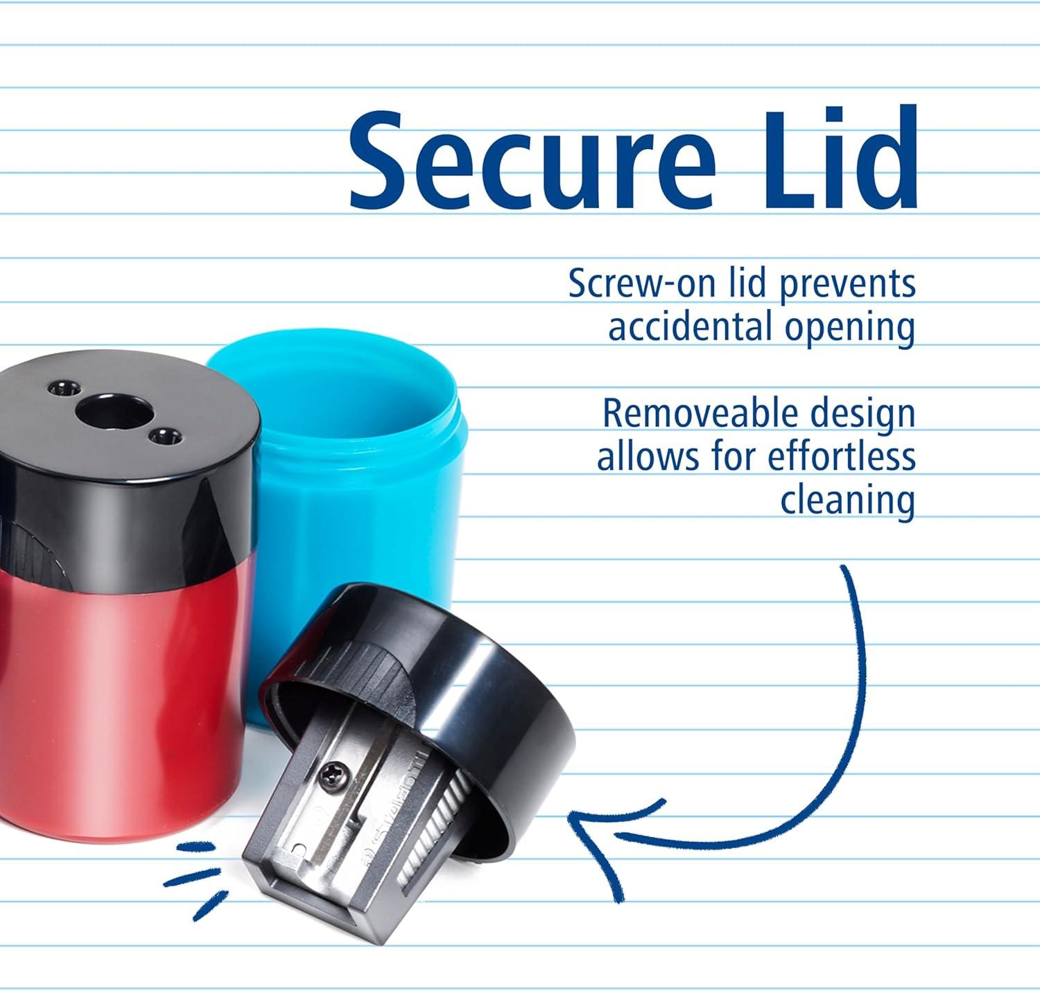 imageSTAEDTLER Pencil Sharpener 1 Pack with Screw Lid and Tub  No Spill Compact Design for Standard and Colored Pencils Metal Blade Assorted Colors