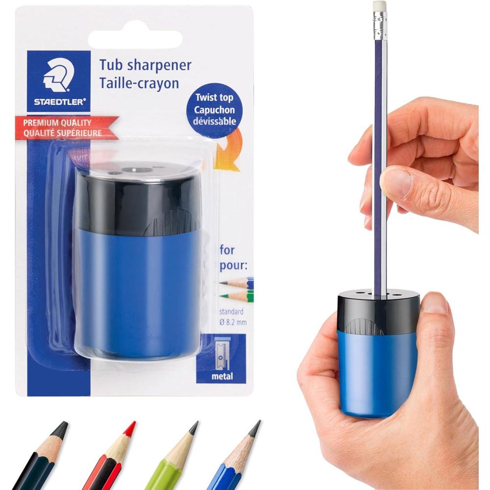 imageSTAEDTLER Pencil Sharpener 1 Pack with Screw Lid and Tub  No Spill Compact Design for Standard and Colored Pencils Metal Blade Assorted Colors