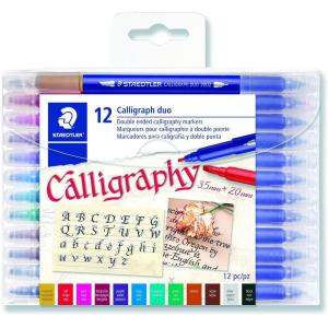 imageSTAEDTLER double ended calligraphy markers calligraph duo for narrow and broad lettering designs pigmented ink 12 assorted colors 3002TB12LU