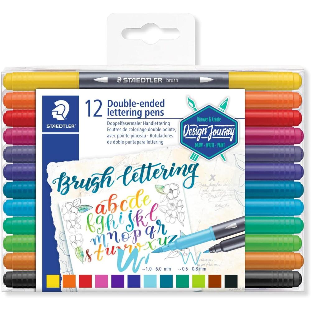 imageSTAEDTLER Doubleended Brush Marker Brush Letter Duo Creative Lettering Flexible and Fine Tip Blendable Ink Set of 12 Assorted Colors 3004TB12A6Modern