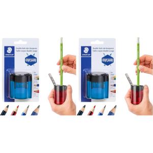 imageSTAEDTLER Metal Double Hole Sharpener with Oval Tub  Manual Pencil Sharpener for Regular ampamp Large Pencils Makeup Pencils  2 Sizes with Hinged Lid Assorted Colors1 Count Pack of 2