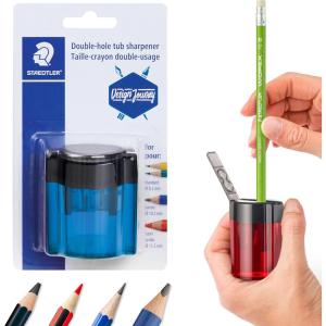 imageSTAEDTLER Metal Double Hole Sharpener with Oval Tub  Manual Pencil Sharpener for Regular ampamp Large Pencils Makeup Pencils  2 Sizes with Hinged Lid Assorted Colors1 Count Pack of 1